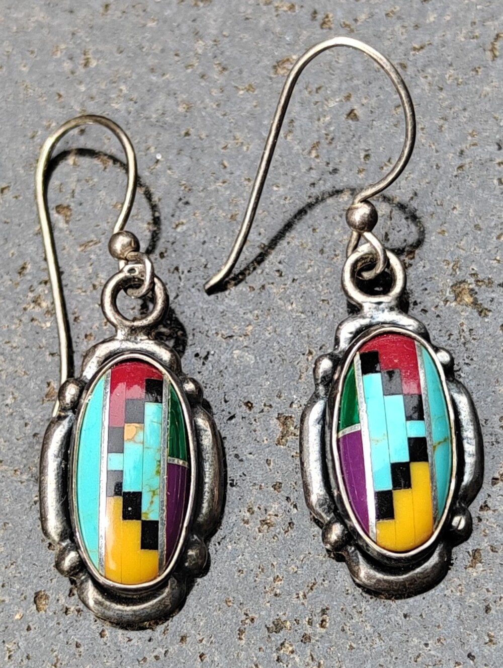 Vintage Southwestern Native American Style Dangling Earrings W/Gemstones Inlay